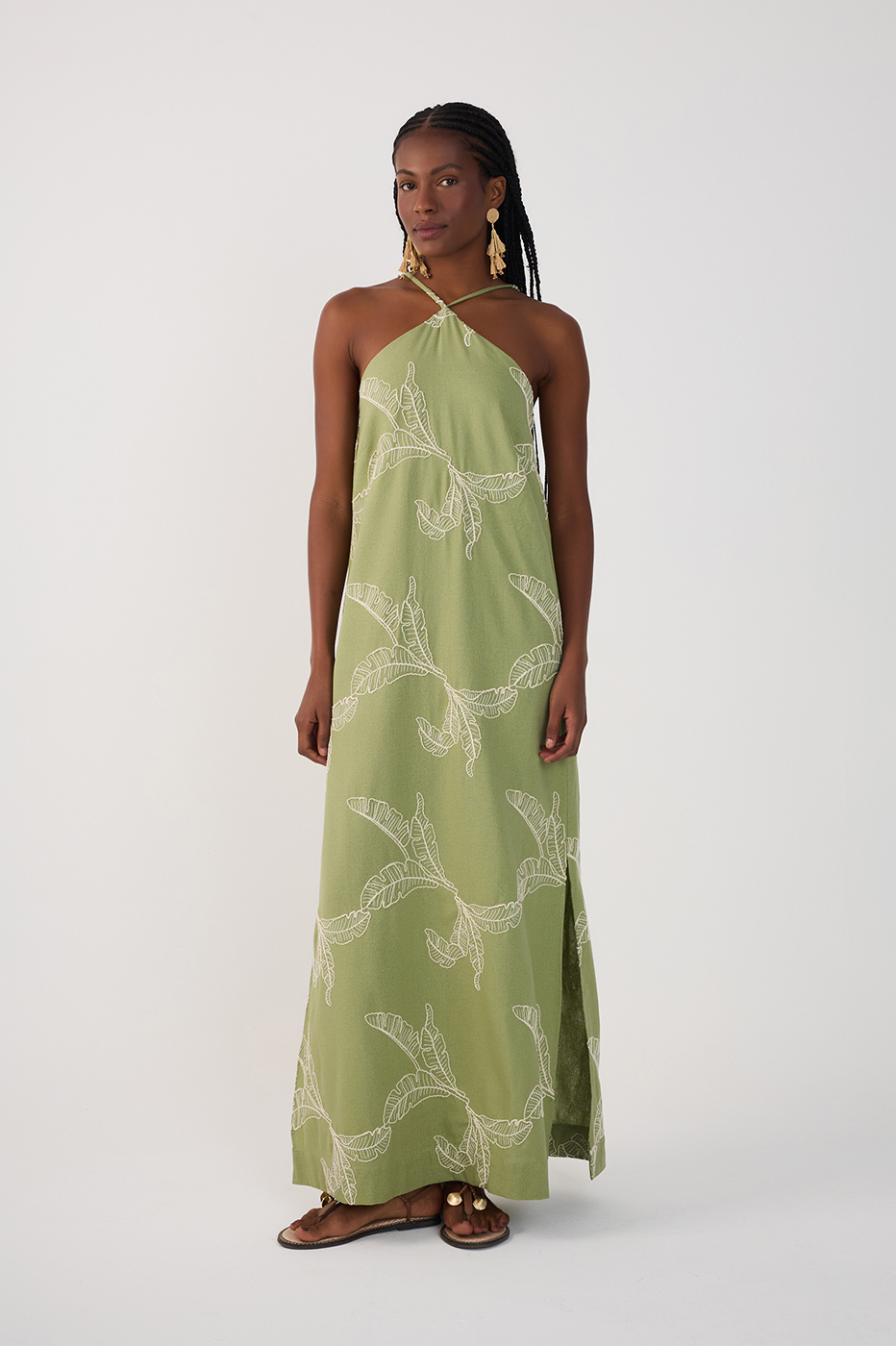 Green Halter Neck Embroidered Maxi Dress