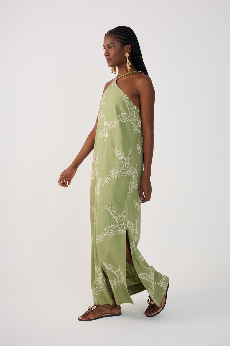 Green Halter Neck Embroidered Maxi Dress
