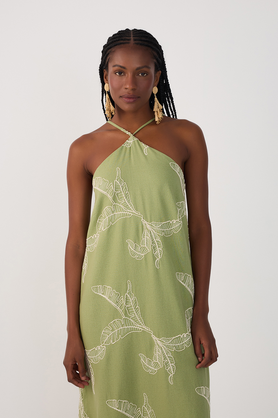 Green Halter Neck Embroidered Maxi Dress