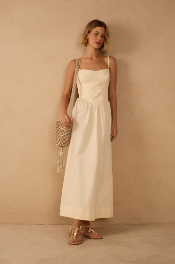 Beige Corset Bodice Straps Midi Dress