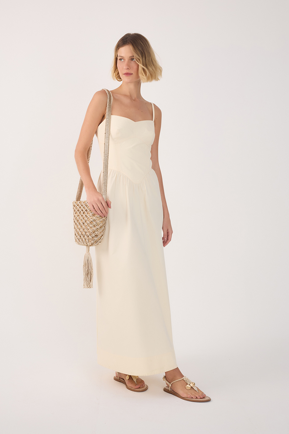 Beige Corset Bodice Straps Midi Dress