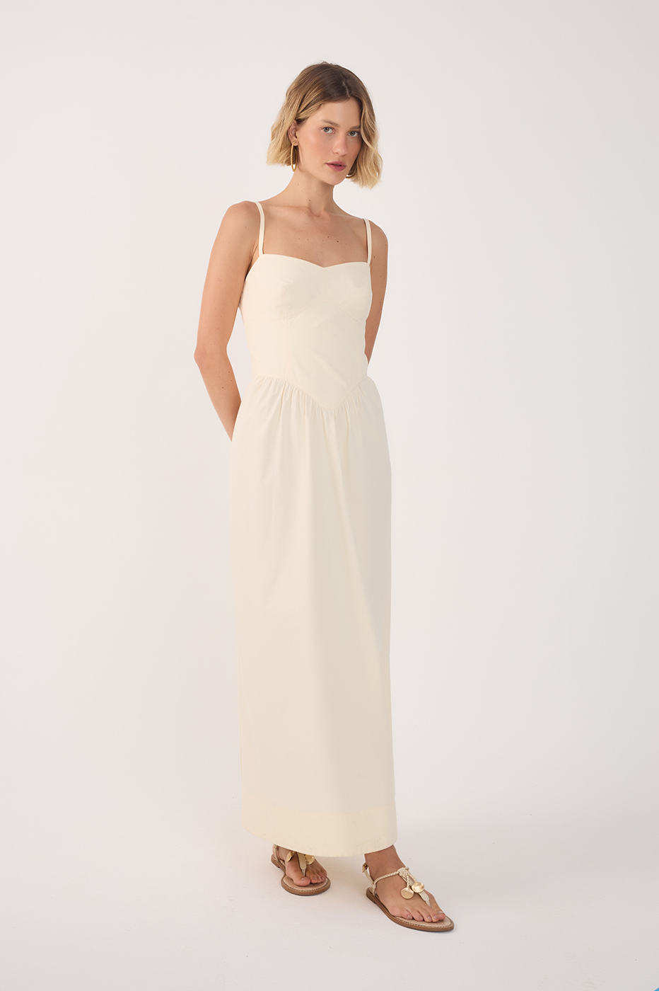 Beige Corset Bodice Straps Midi Dress