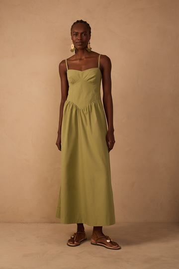 Green Corset Bodice Straps Midi Dress