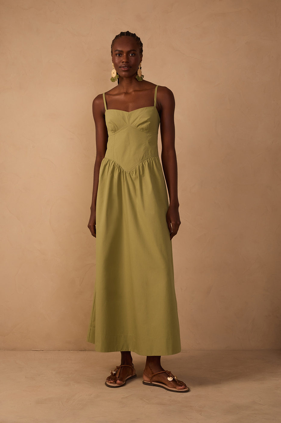 Green Corset Bodice Straps Midi Dress