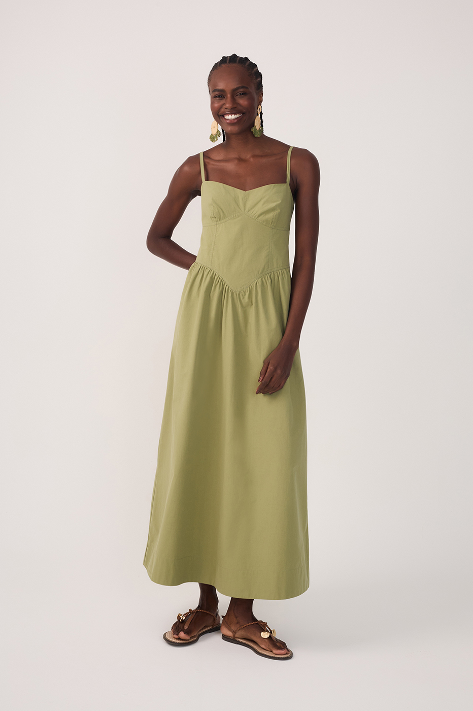 Green Corset Bodice Straps Midi Dress