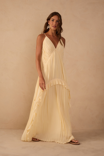 Beige V Neck Ruffled Draped Maxi Dress