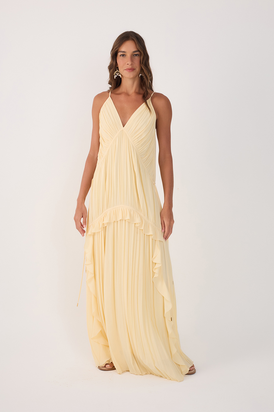 Beige V Neck Ruffled Draped Maxi Dress