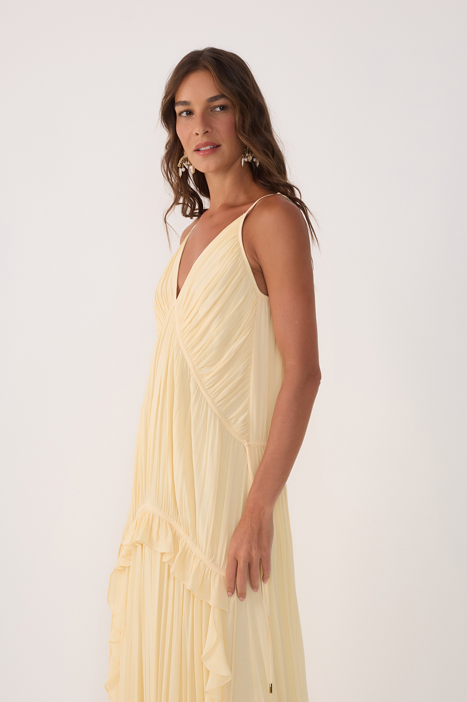 Beige V Neck Ruffled Draped Maxi Dress
