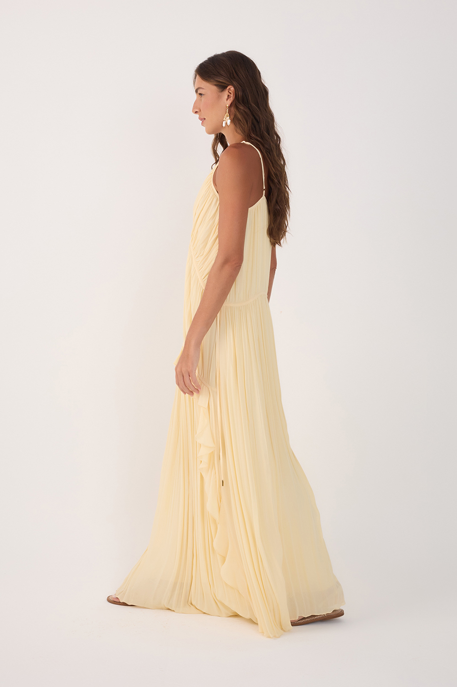 Beige V Neck Ruffled Draped Maxi Dress