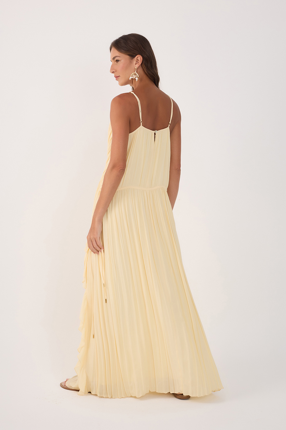 Beige V Neck Ruffled Draped Maxi Dress