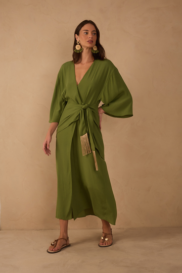 Green V Neck Wrap Long Sleeve Midi Dress