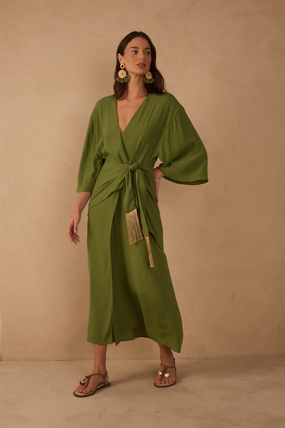 Green V Neck Wrap Long Sleeve Midi Dress