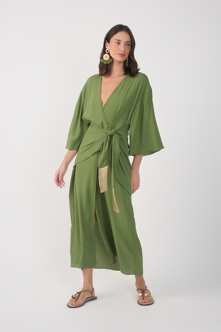 Green V Neck Wrap Long Sleeve Midi Dress