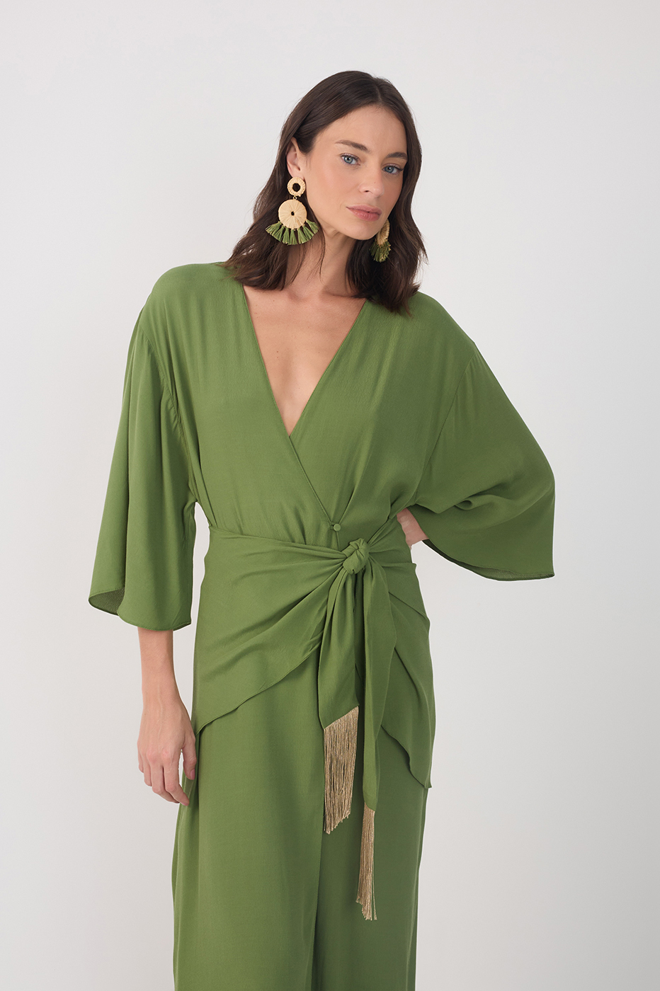 Green V Neck Wrap Long Sleeve Midi Dress