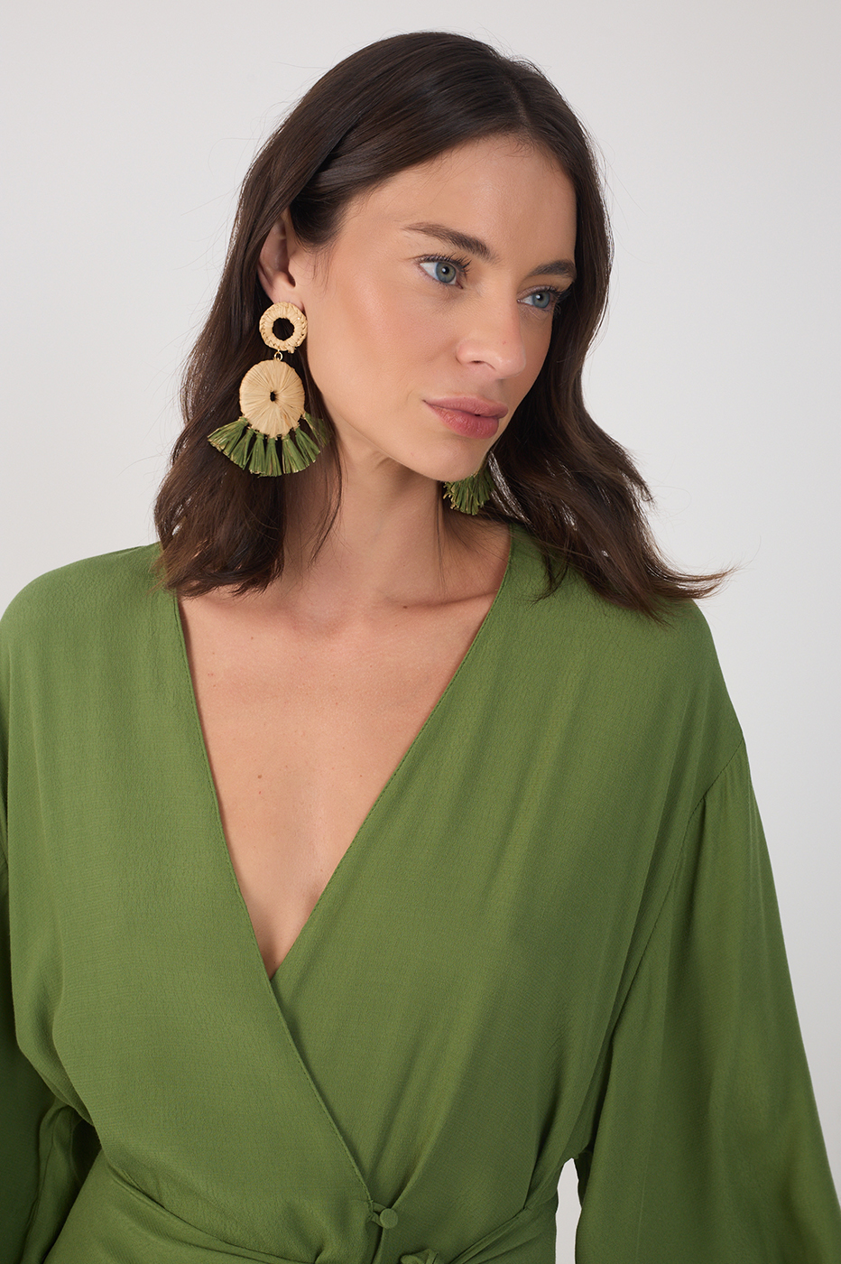 Green V Neck Wrap Long Sleeve Midi Dress