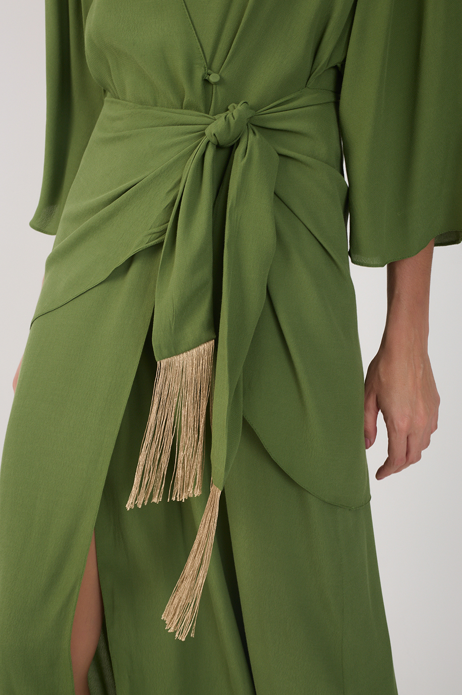 Green V Neck Wrap Long Sleeve Midi Dress