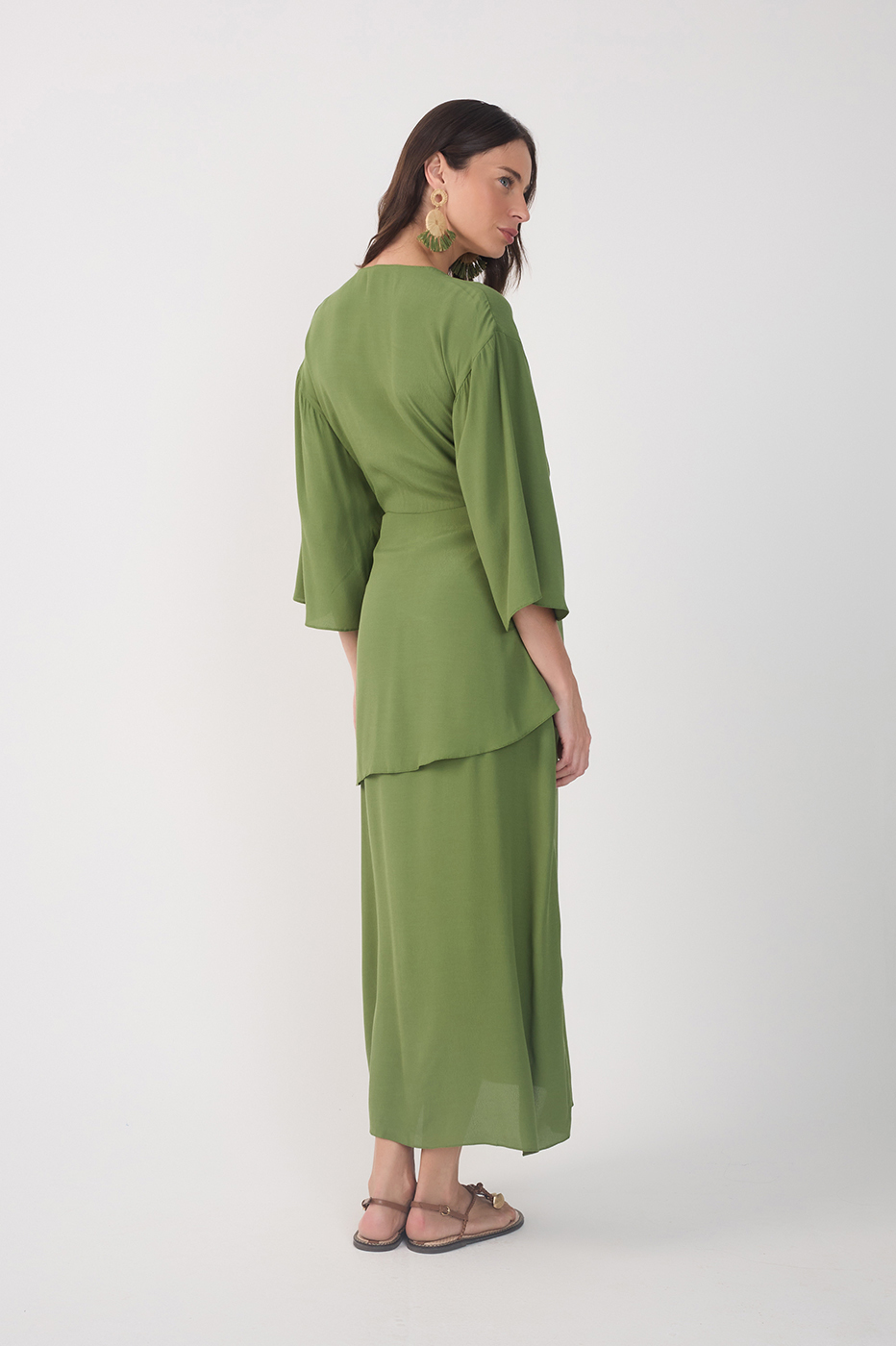 Green V Neck Wrap Long Sleeve Midi Dress