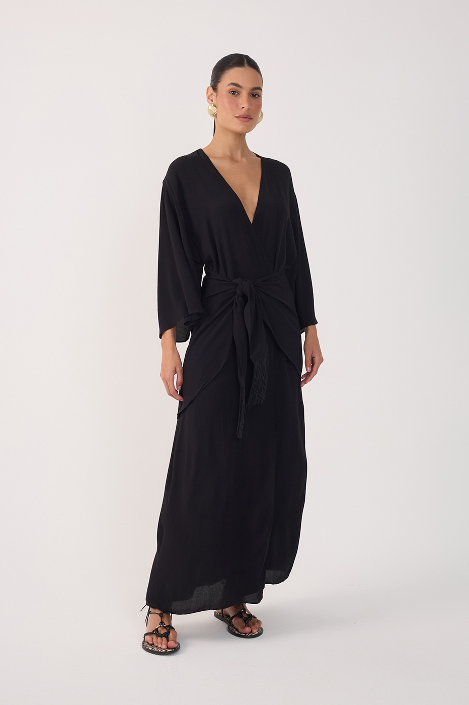 Black V Neck Wrap Long Sleeve Maxi Dress