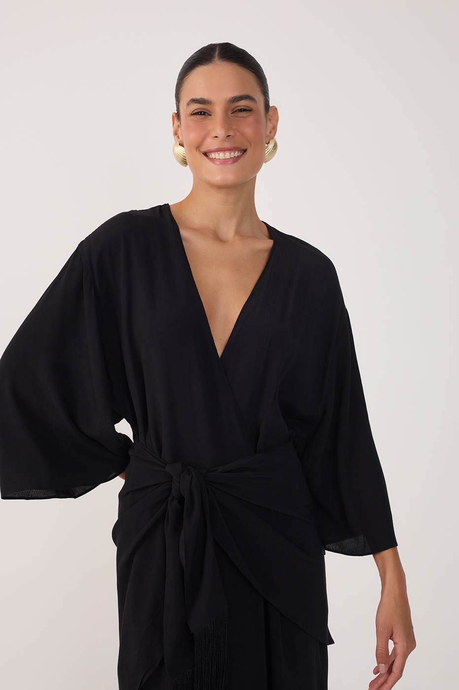 Black V Neck Wrap Long Sleeve Maxi Dress