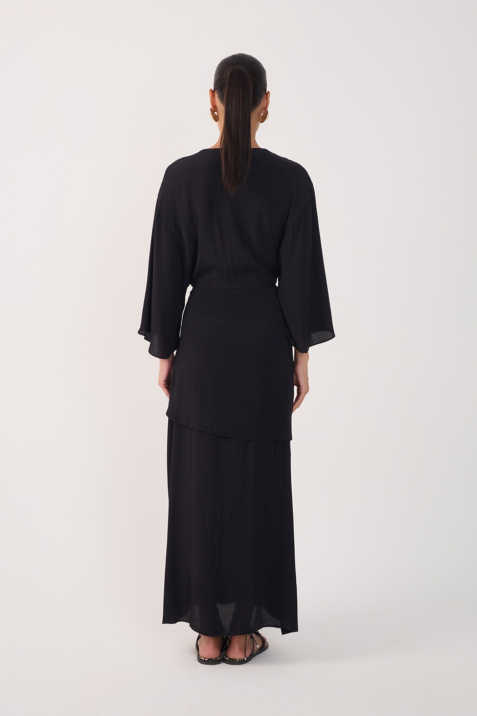 Black V Neck Wrap Long Sleeve Maxi Dress