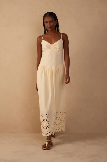 Beige Ruched Embroidered Cotton Midi Dress