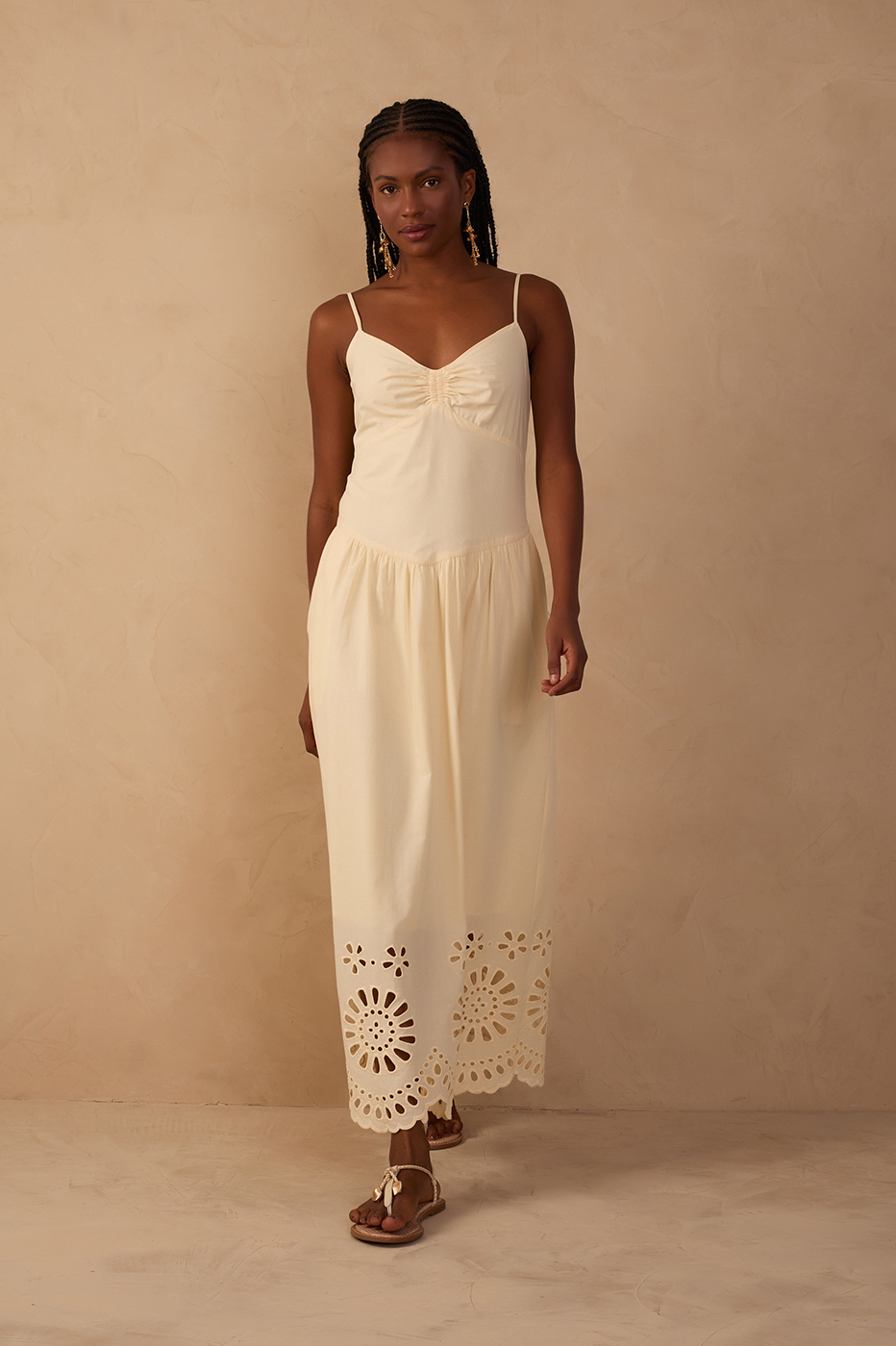 Beige Ruched Embroidered Cotton Midi Dress