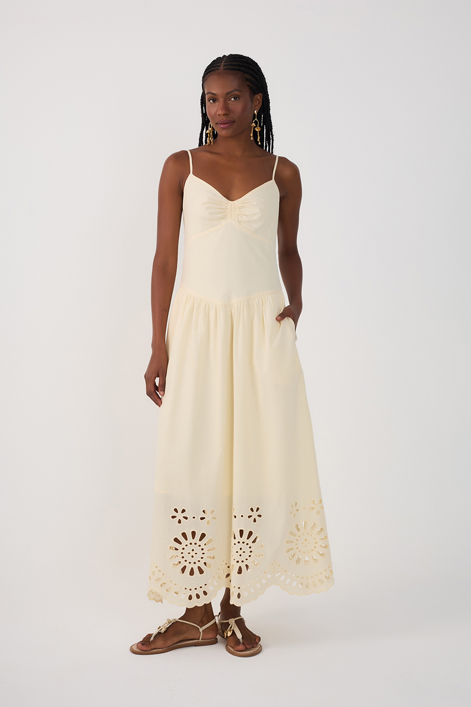 Beige Ruched Embroidered Cotton Midi Dress
