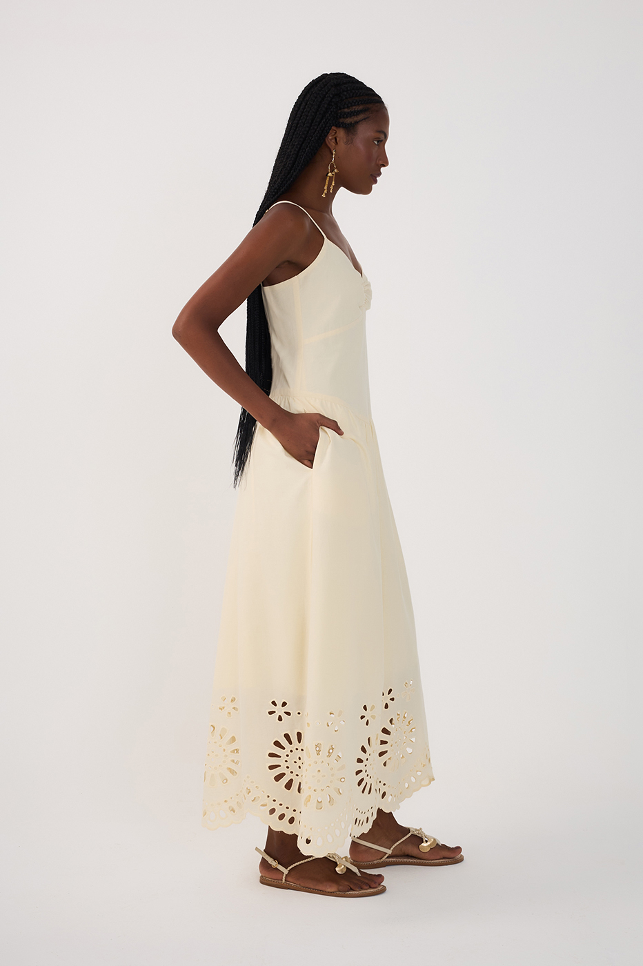 Beige Ruched Embroidered Cotton Midi Dress