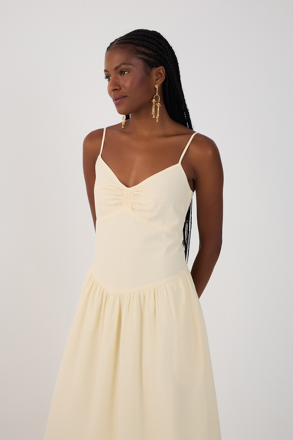 Beige Ruched Embroidered Cotton Midi Dress