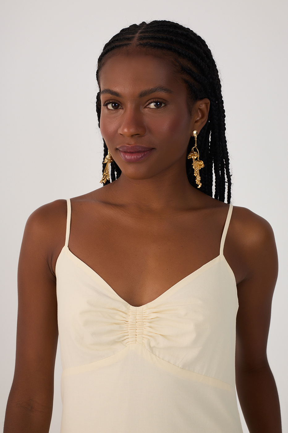 Beige Ruched Embroidered Cotton Midi Dress