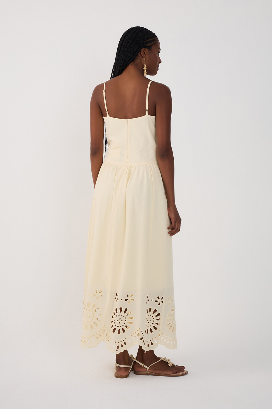 Beige Ruched Embroidered Cotton Midi Dress