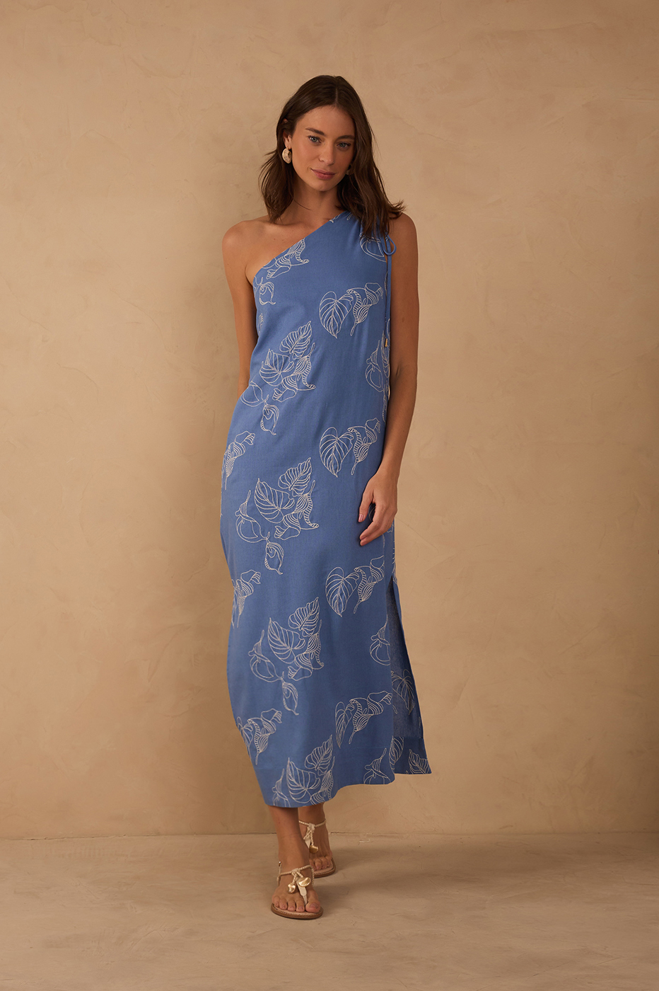 Blue One-Shoulder Embroidered Maxi Dress