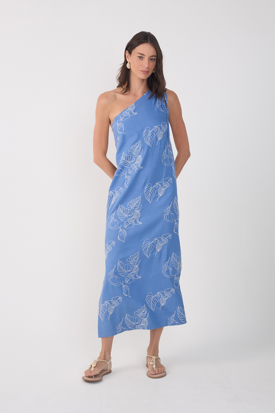 Blue One-Shoulder Embroidered Maxi Dress