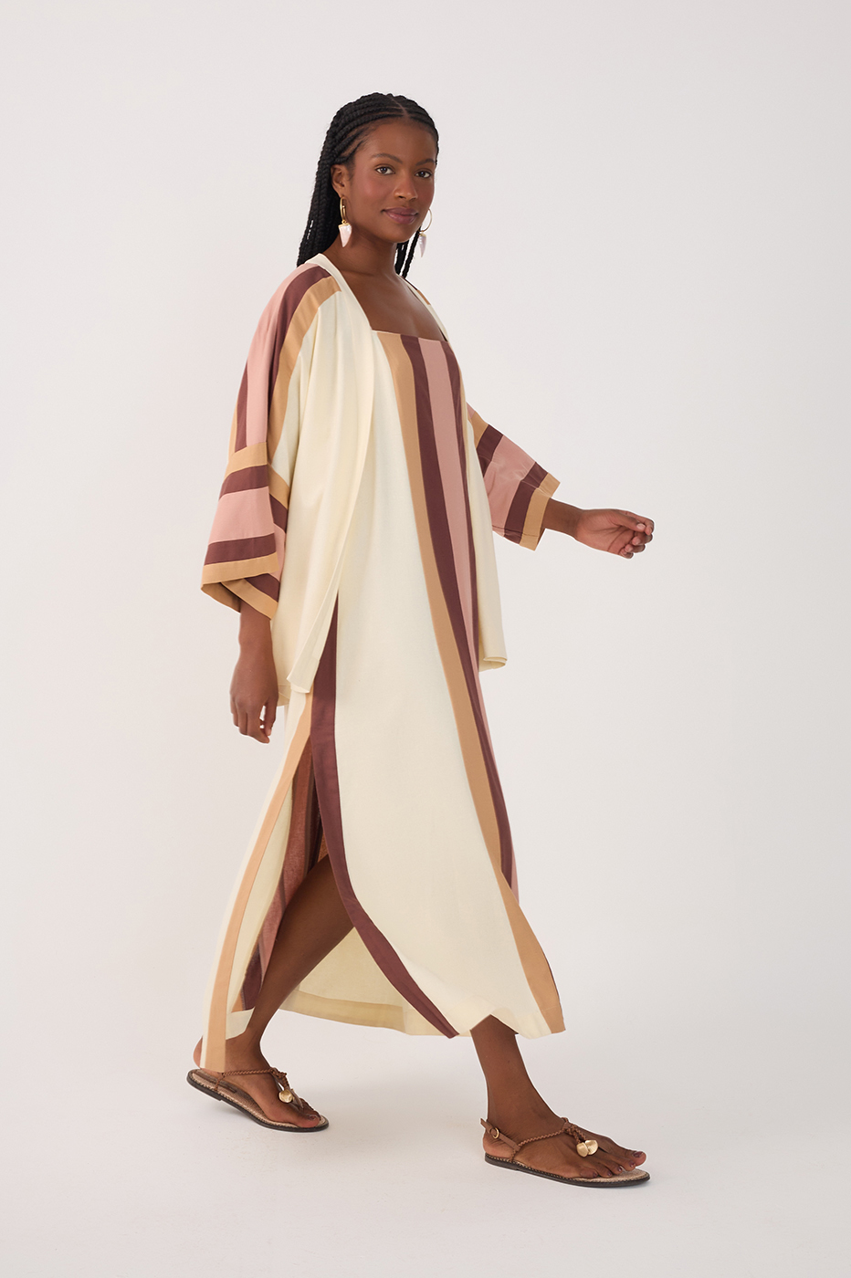 Multicolor Square Neck Kimono Midi Dress