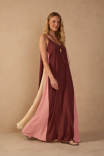 Brown V Neck Sleeveless Crepe Maxi Dress