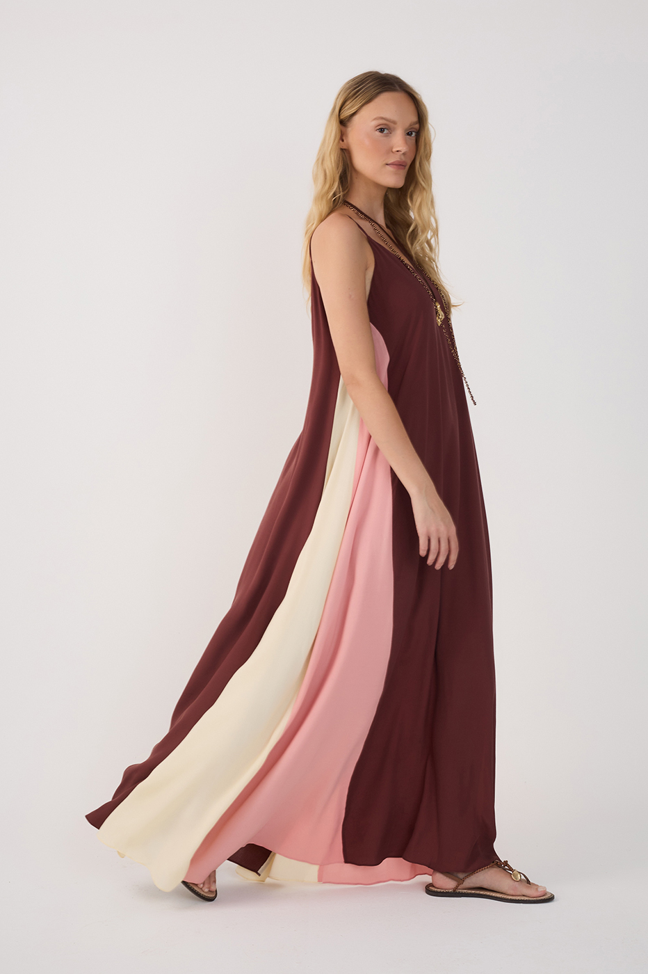 Brown V Neck Sleeveless Crepe Maxi Dress