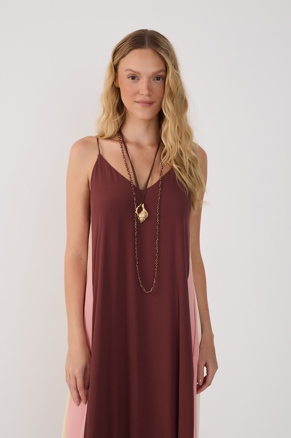 Brown V Neck Sleeveless Crepe Maxi Dress