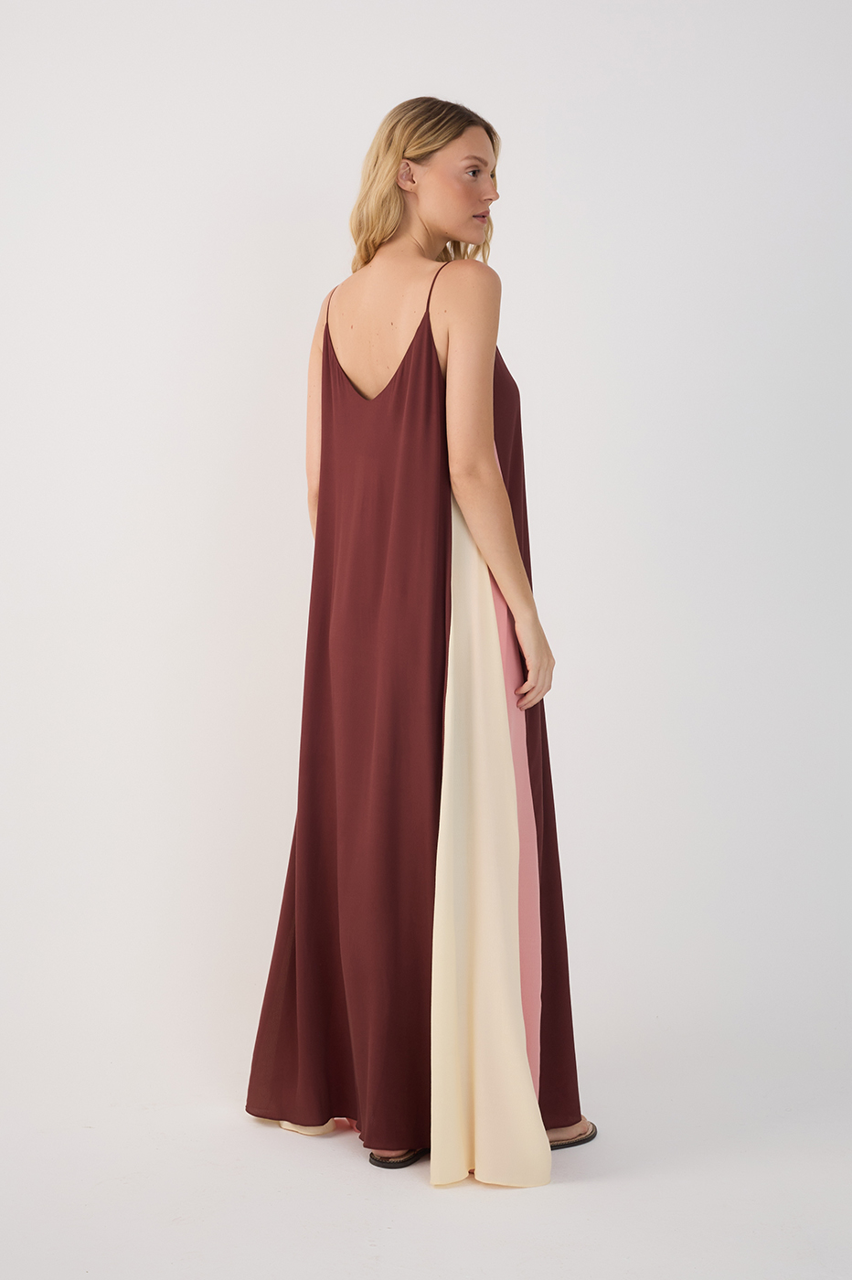 Brown V Neck Sleeveless Crepe Maxi Dress