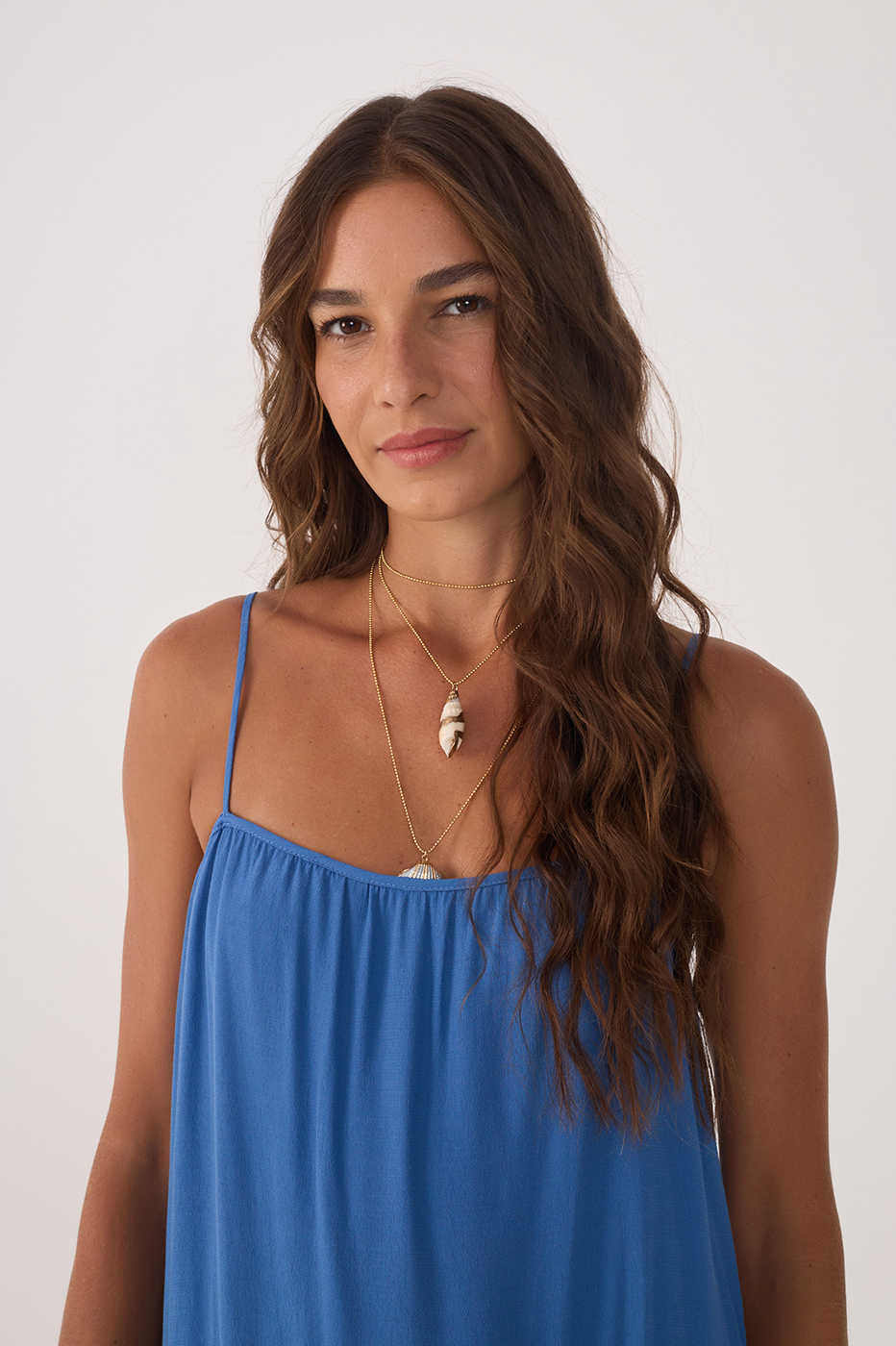 Blue Sleeveless Layered Crepe Mini Dress