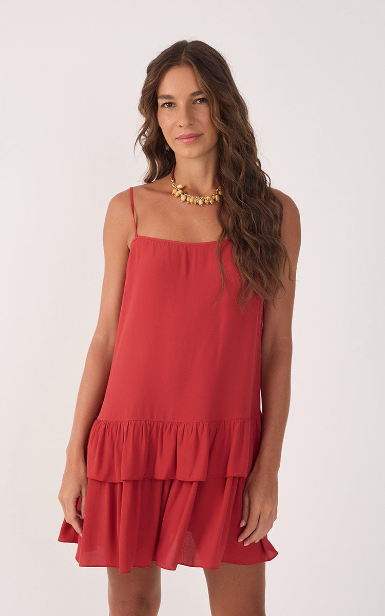 Red Sleeveless Layered Crepe Mini Dress