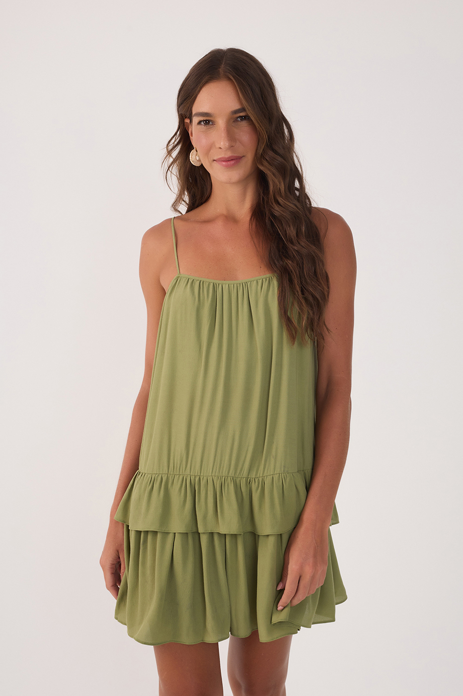 Green Sleeveless Layered Crepe Mini Dress