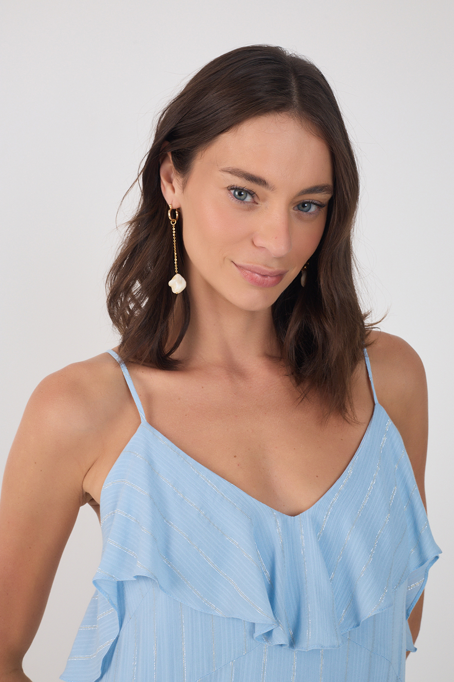 Blue Lurex Sleeveless Ruffled Midi Dress