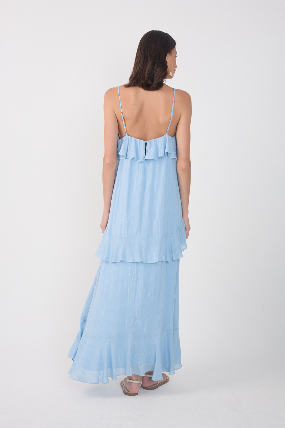Blue Lurex Sleeveless Ruffled Midi Dress