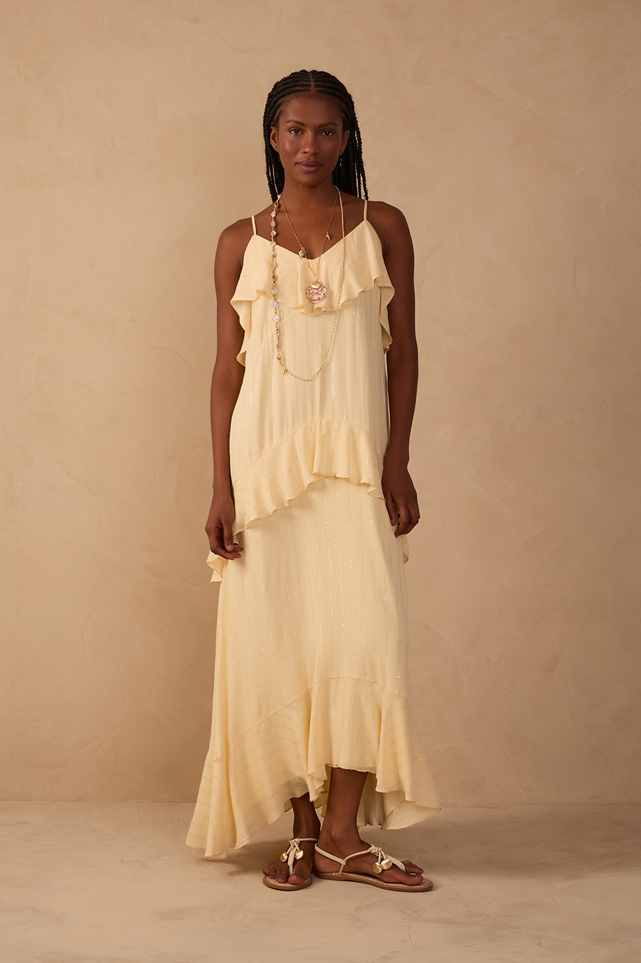 Beige Lurex Sleeveless Ruffled Midi Dress