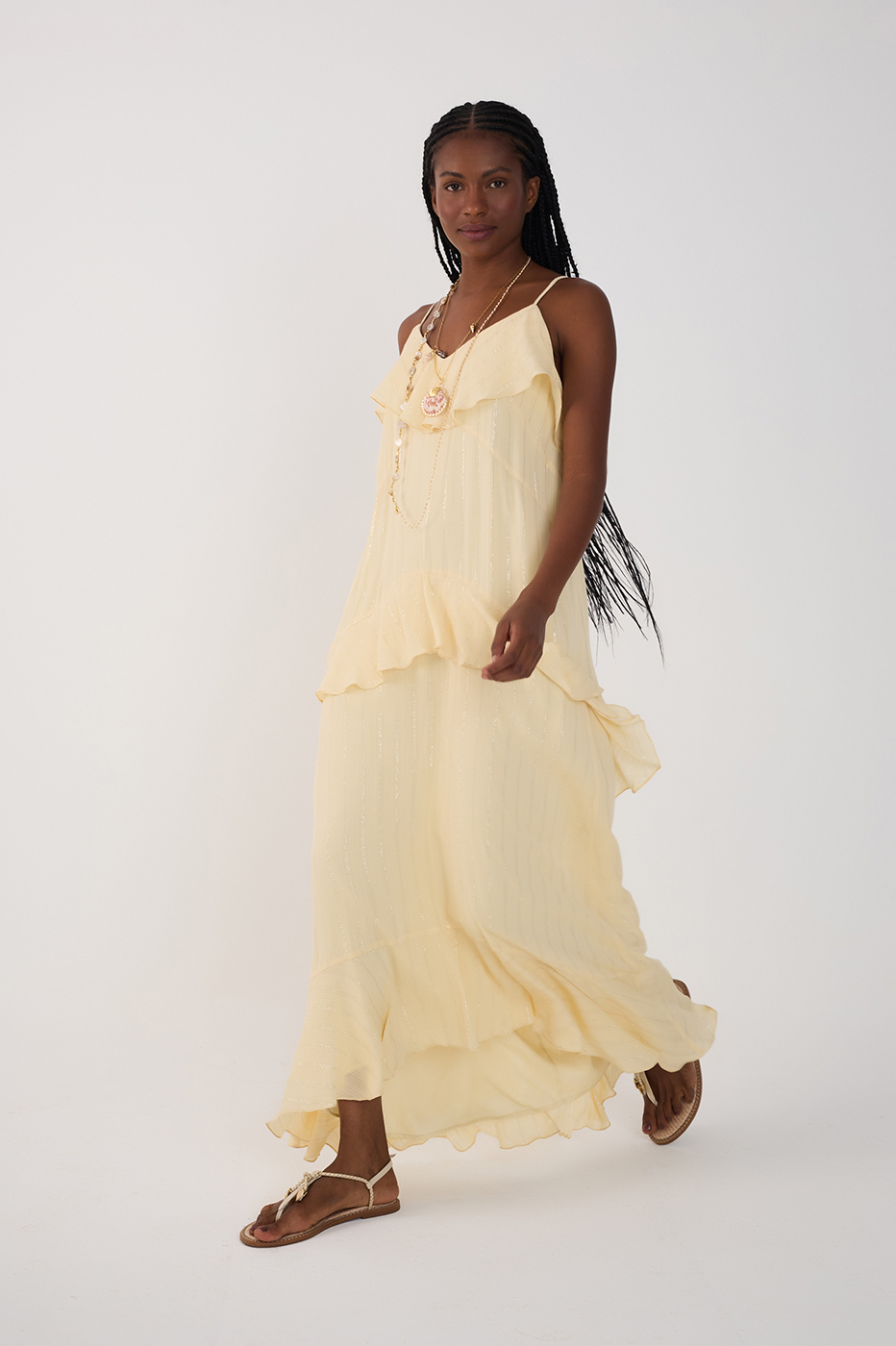 Beige Lurex Sleeveless Ruffled Midi Dress
