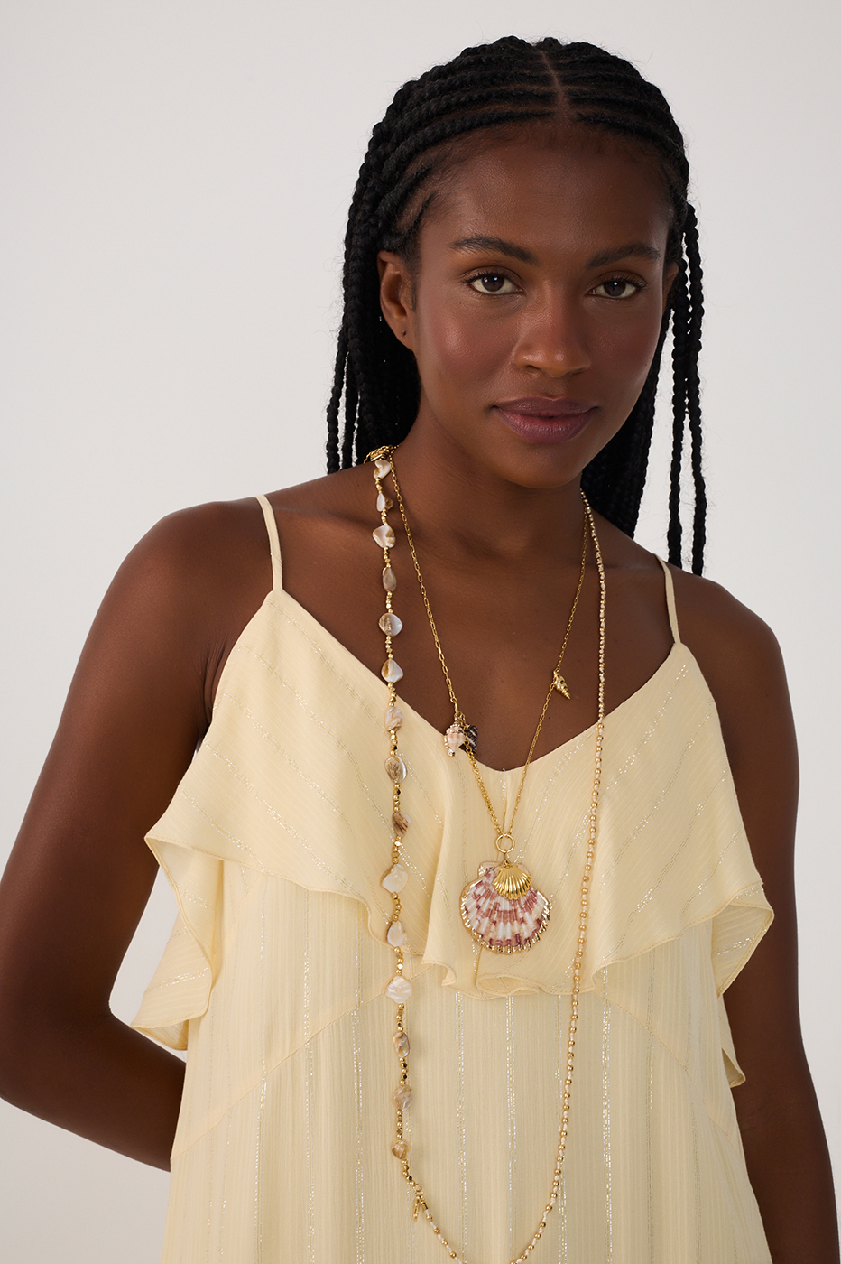Beige Lurex Sleeveless Ruffled Midi Dress