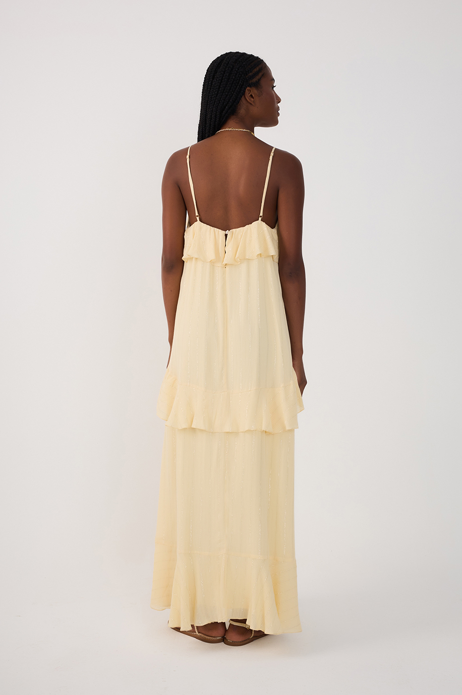 Beige Lurex Sleeveless Ruffled Midi Dress