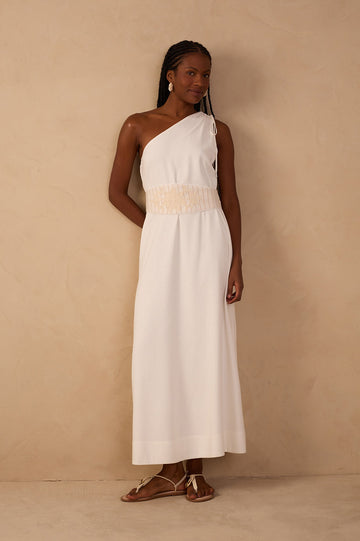 CROPPED LINEN EMBROIDERED YOKE DRESS