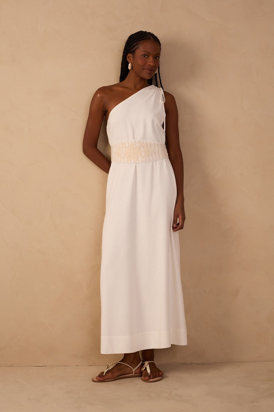 CROPPED LINEN EMBROIDERED YOKE DRESS