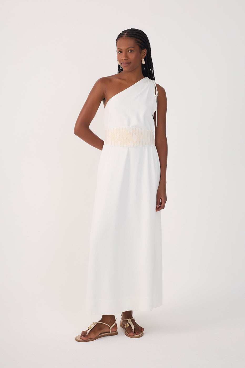 CROPPED LINEN EMBROIDERED YOKE DRESS